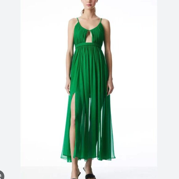 NEW ALICE + OLIVIA Tamar Cutout Slit Maxi Green Dress (100% silk fabric) - Picture 1 of 5